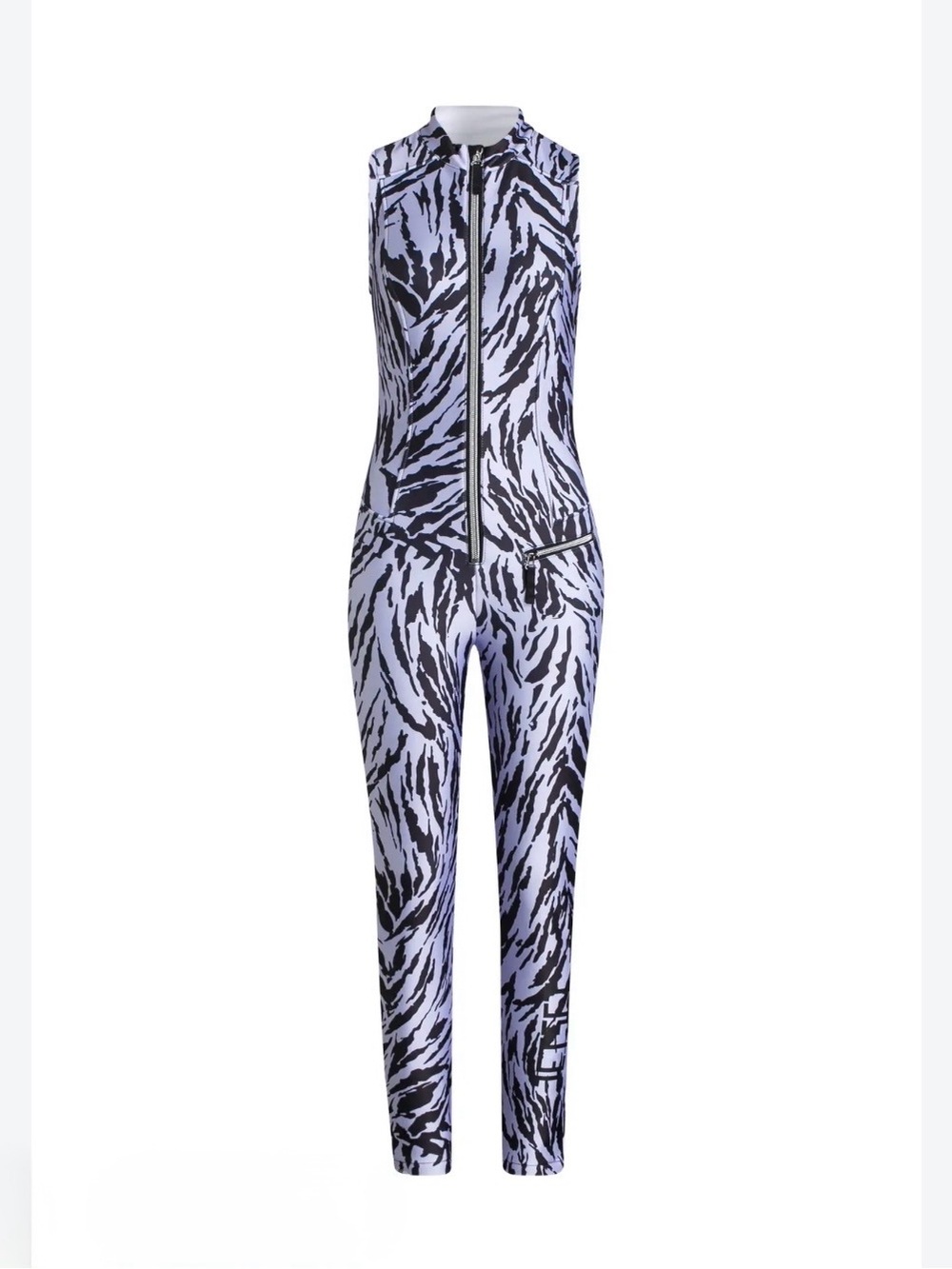 Jet Set Sleeveless Zebra-Print Ski Suit in Light Lavender and Black